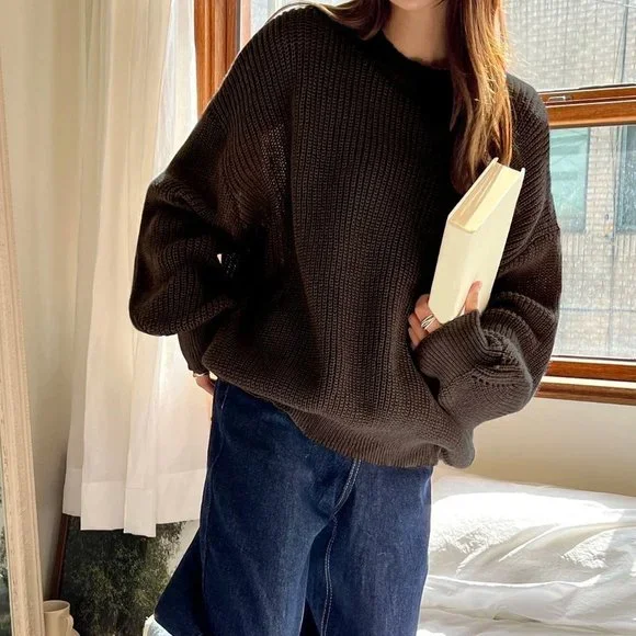 Brown Boho Womens Eyelet Detail Ribbed Knit Drop Shoulder Sweater - Picture 4 of 5